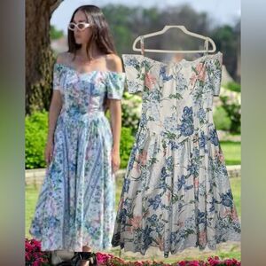 80s Expo sz 14 vintage floral fit and flare off the shoulder sweetheart neckline